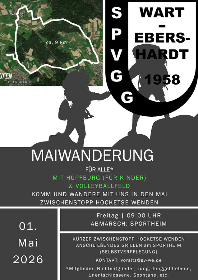 Für alle, mit Hüpfburg und Volleyballfeld.<br />Komm und wandere mit uns in den Mai.<br />Zwischenstopp Hocketse in Wenden